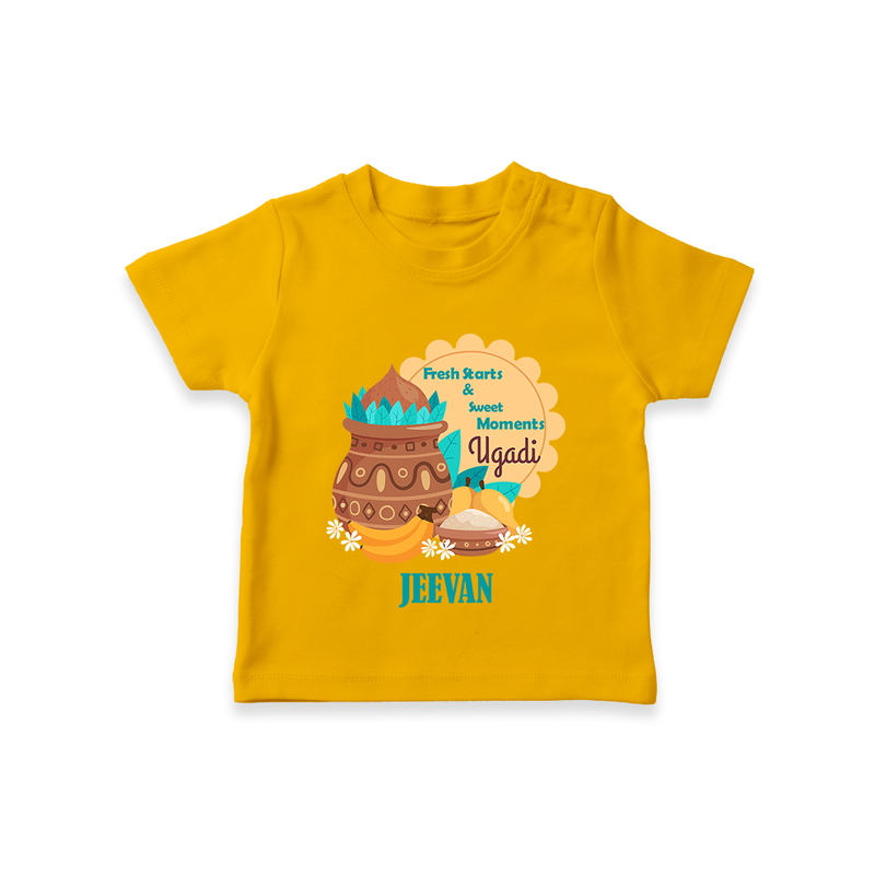  Fresh Starts & Sweet Moments - Happy Ugadi Themed Customized T-Shirt For Kids With Name - CHROME YELLOW - 0-5 Months Old (Chest 17")