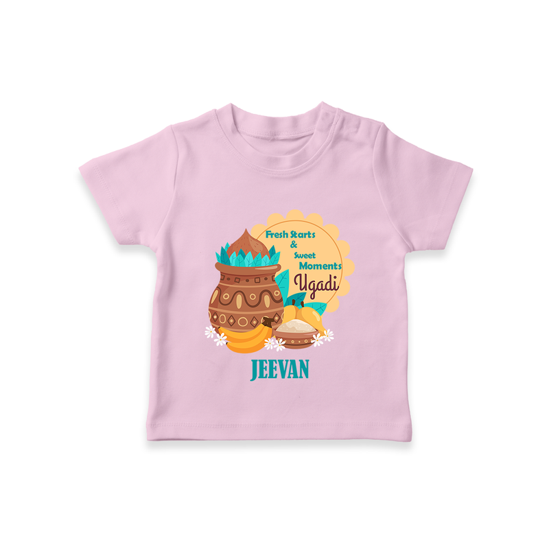  Fresh Starts & Sweet Moments - Happy Ugadi Themed Customized T-Shirt For Kids With Name - PINK - 0-5 Months Old (Chest 17")