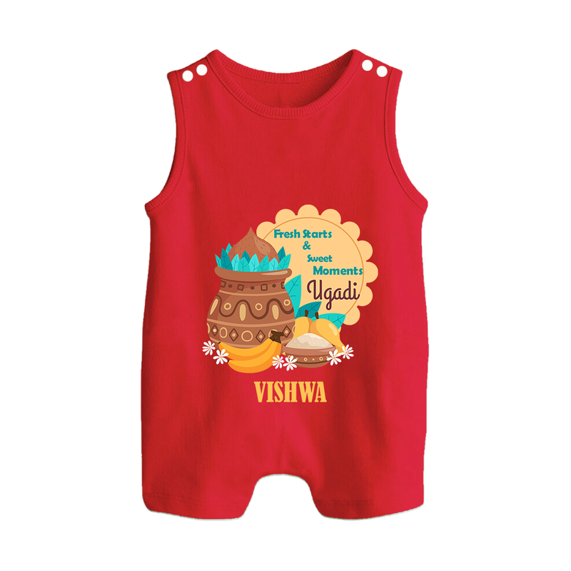  Fresh Starts & Sweet Moments - Happy Ugadi Themed Customized Romper Suit For Babies With Name - RED - 0 - 5 Months Old (Chest 18")