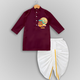  Fresh Starts & Sweet Moments - Happy Ugadi Themed Customized Drapped Dhoti For Kids With Name - MAROON - 0 - 6 Month Old (Chest 24", Kurta Length 14" , Waist 19", Dhoti Length 14")