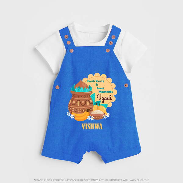  Fresh Starts & Sweet Moments - Happy Ugadi Themed Customized Dungaree Set For Kids With Name - COBALT BLUE - 0 - 5 Months Old (Chest 18")