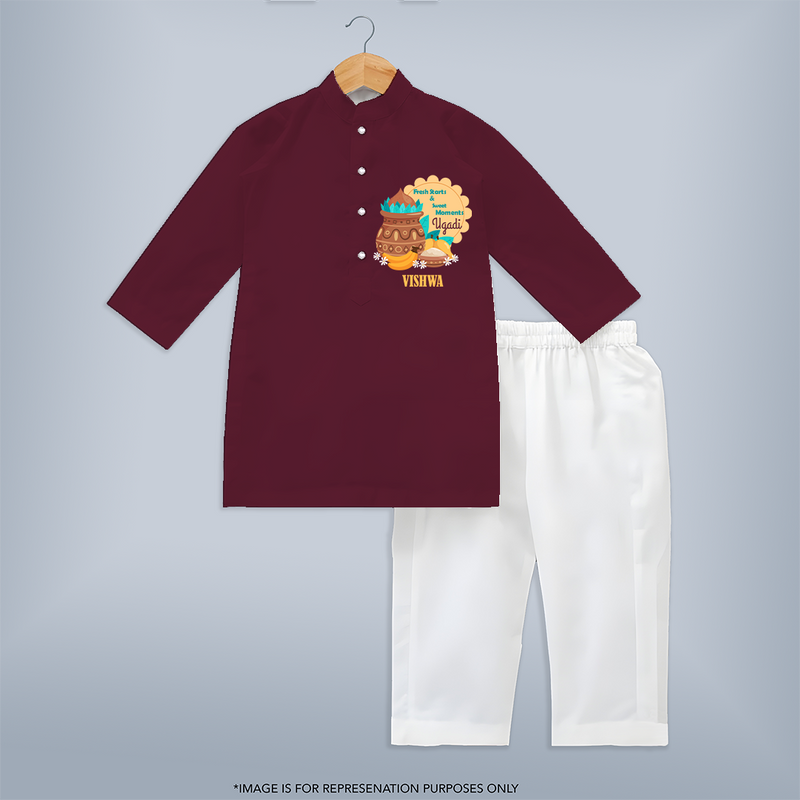  Fresh Starts & Sweet Moments - Happy Ugadi Themed Customized Kurta Set For Kids With Name - MAROON - 3 - 6 Months Old (Chest 24", Kurta Length 14'', Waist 19", Pant Length 14")