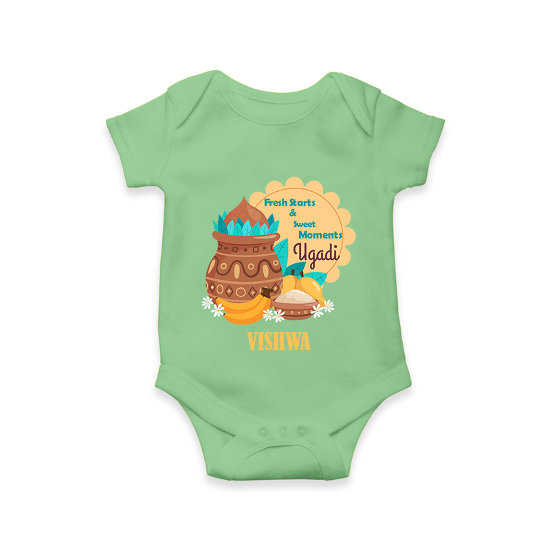  Fresh Starts & Sweet Moments - Happy Ugadi Themed Customized Romper For Babies With Name - GREEN - 0 - 3 Months Old (Chest 16")