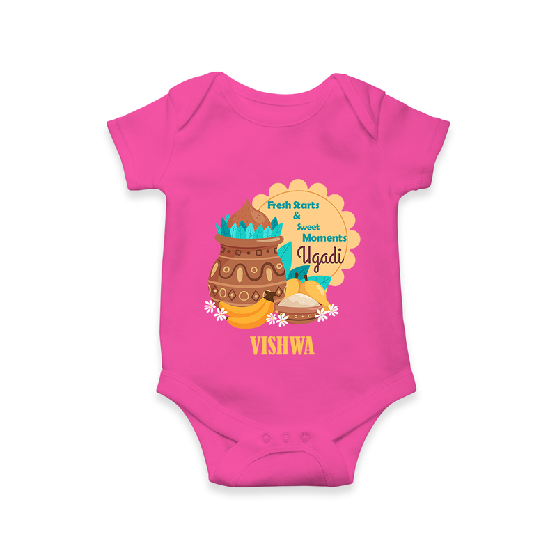  Fresh Starts & Sweet Moments - Happy Ugadi Themed Customized Romper For Babies With Name - HOT PINK - 0 - 3 Months Old (Chest 16")