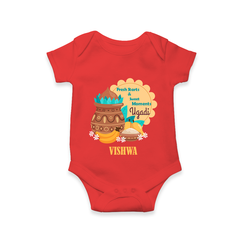  Fresh Starts & Sweet Moments - Happy Ugadi Themed Customized Romper For Babies With Name - RED - 0 - 3 Months Old (Chest 16")