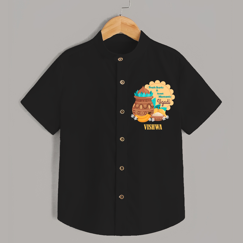  Fresh Starts & Sweet Moments - Happy Ugadi Themed Customized Shirt For Kids With Name - BLACK - 0 - 6 Months Old (Chest 23")