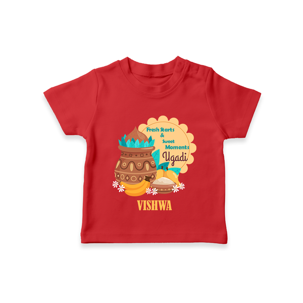  Fresh Starts & Sweet Moments - Happy Ugadi Themed Customized T-Shirt For Kids With Name - RED - 0-5 Months Old (Chest 17")