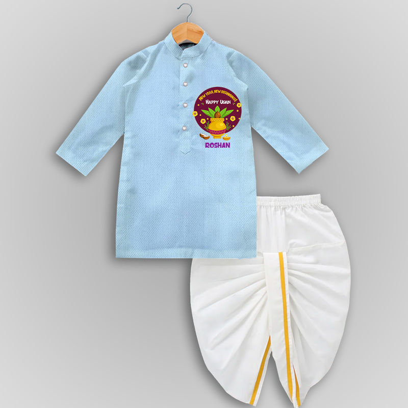  New Year, New Beginnings! - Happy Ugadi Themed Customized Drapped Dhoti For Kids With Name - SKY BLUE - 0 - 6 Month Old (Chest 24", Kurta Length 14" , Waist 19", Dhoti Length 14")