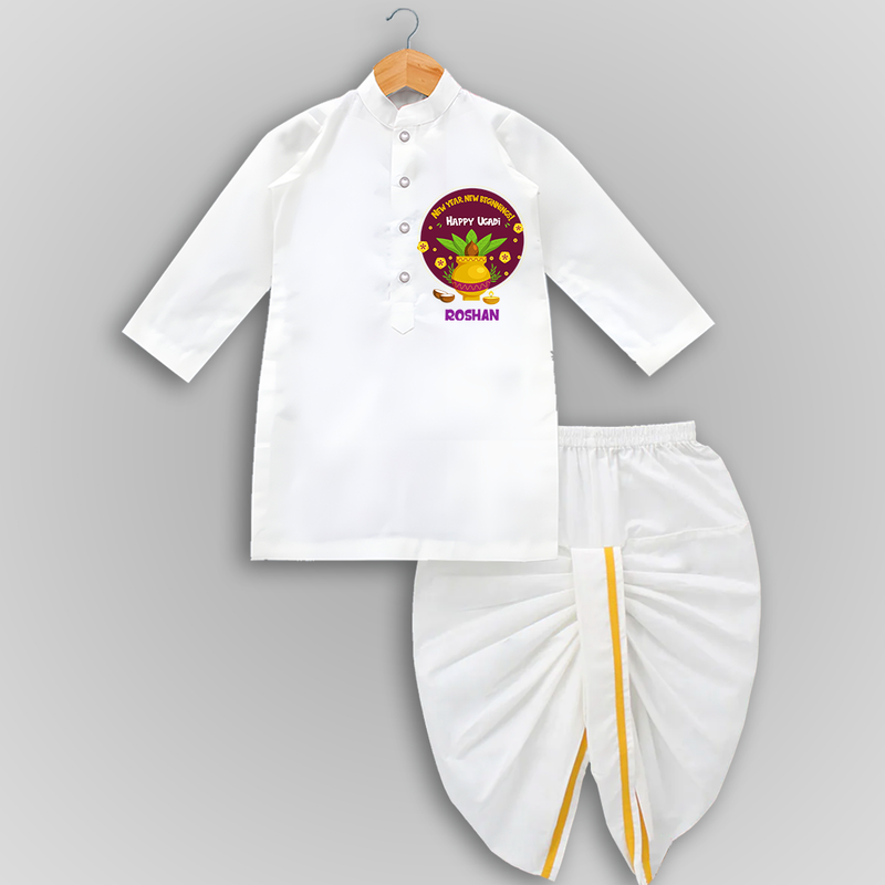  New Year, New Beginnings! - Happy Ugadi Themed Customized Drapped Dhoti For Kids With Name - WHITE - 0 - 6 Month Old (Chest 24", Kurta Length 14" , Waist 19", Dhoti Length 14")