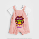  New Year, New Beginnings! - Happy Ugadi Themed Customized Dungaree Set For Kids With Name - PEACH - 0 - 5 Months Old (Chest 18")