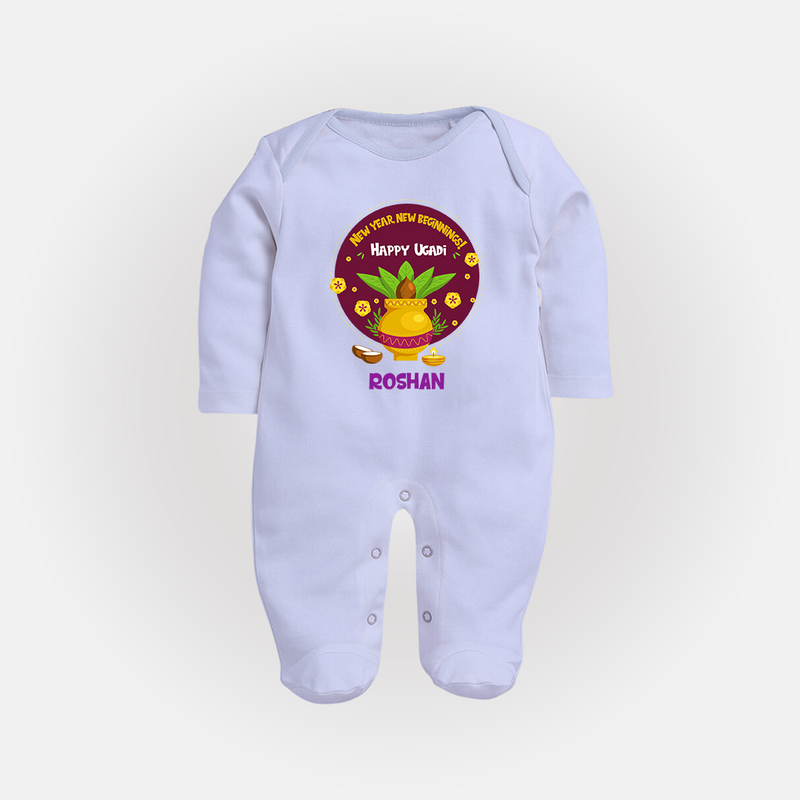  New Year, New Beginnings! - Happy Ugadi Themed Customized Sleep Suit For Babies With Name - BABY BLUE - New Born (Chest 7.5")