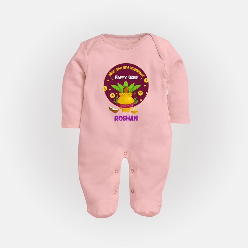  New Year, New Beginnings! - Happy Ugadi Themed Customized Sleep Suit For Babies With Name - BABY PINK - New Born (Chest 7.5")