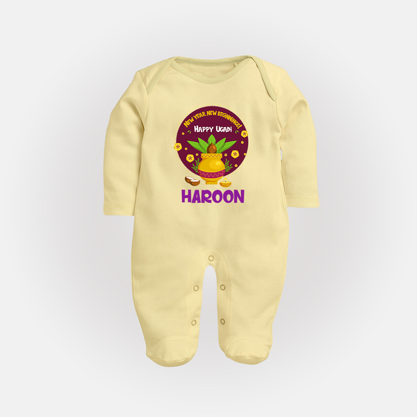 New Year New Beginnings – Happy Ugadi Baby Fullbody Suit - PASTEL YELLOW - New Born (Chest 7.5")