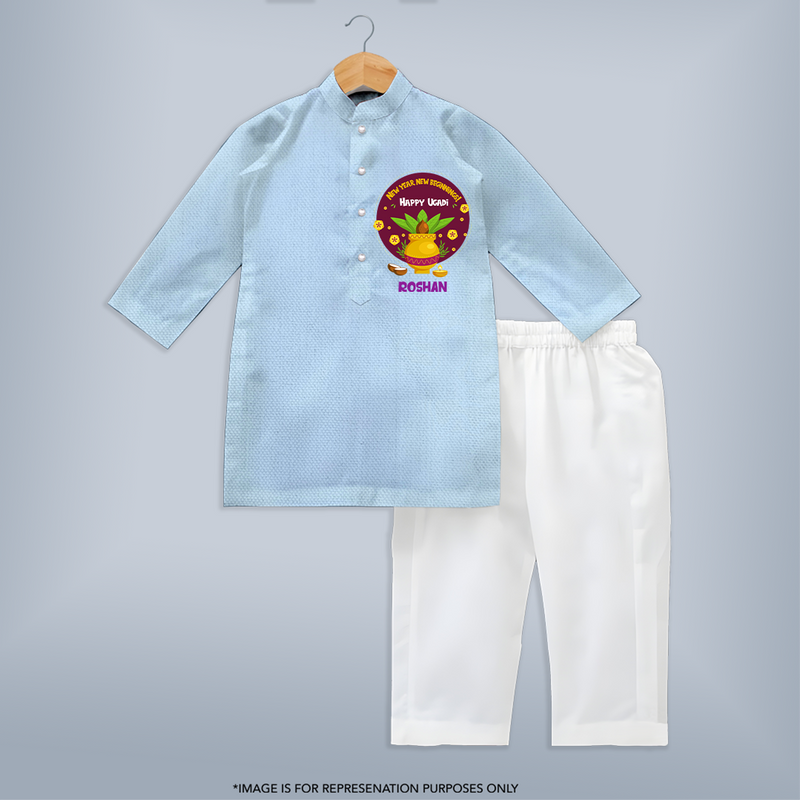  New Year, New Beginnings! - Happy Ugadi Themed Customized Kurta Set For Kids With Name - SKY BLUE - 3 - 6 Months Old (Chest 24", Kurta Length 14'', Waist 19", Pant Length 14")