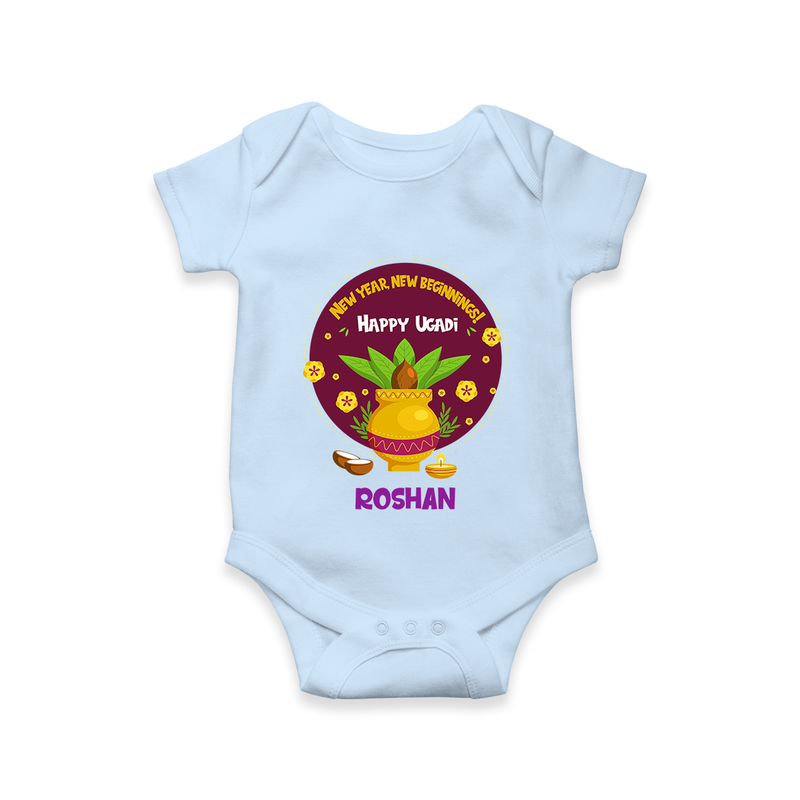  New Year, New Beginnings! - Happy Ugadi Themed Customized Romper For Babies With Name - BABY BLUE - 0 - 3 Months Old (Chest 16")