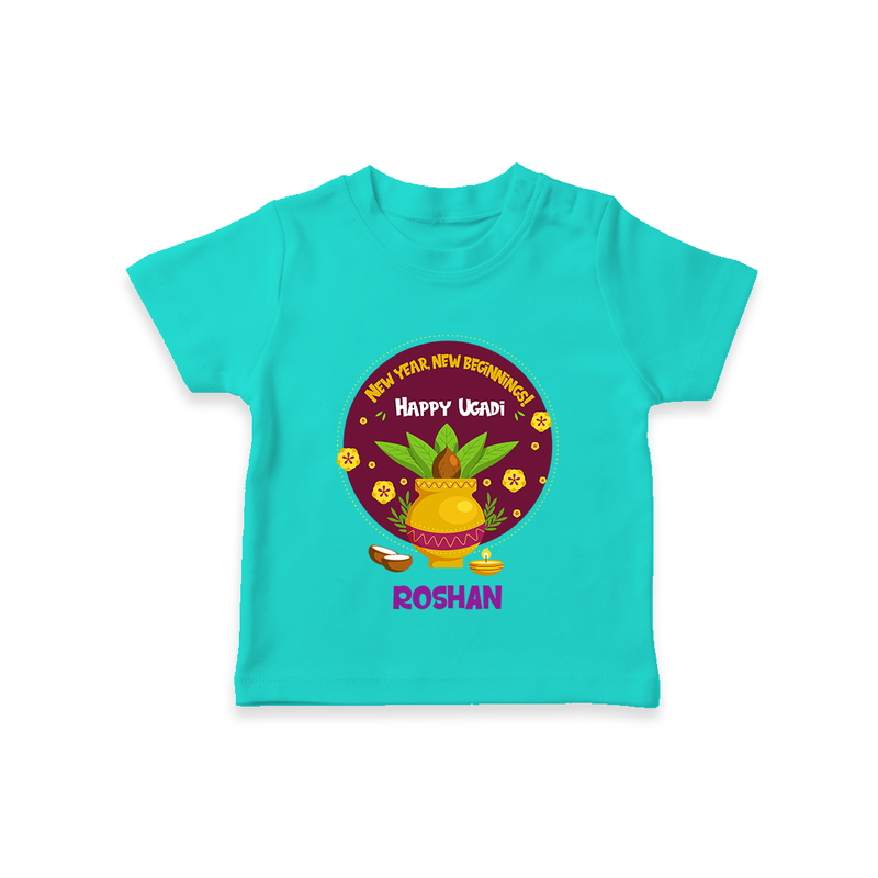  New Year, New Beginnings! - Happy Ugadi Themed Customized T-Shirt For Kids With Name - TEAL - 0-5 Months Old (Chest 17")