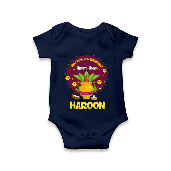 New Year New Beginnings – Happy Ugadi Baby Romper - NAVY BLUE - New Born (Chest 14")