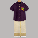  New Year, New Beginnings! - Happy Ugadi Themed Customized Shirt And Dhoti For Kids With Name - GRAPE - 0 - 6 Months Old (Chest-23") (Dhoti length-14")