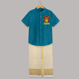New Year New Beginnings – Happy Ugadi   Shirt and Dhoti - PEACOCK BLUE - 0 - 6 Months Old (Chest-23") (Dhoti length-14")