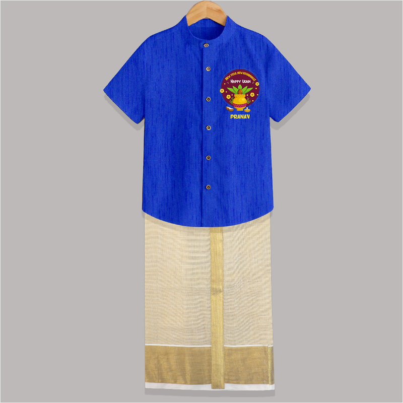  New Year, New Beginnings! - Happy Ugadi Themed Customized Shirt And Dhoti For Kids With Name - ROYAL BLUE - 0 - 6 Months Old (Chest-23") (Dhoti length-14")