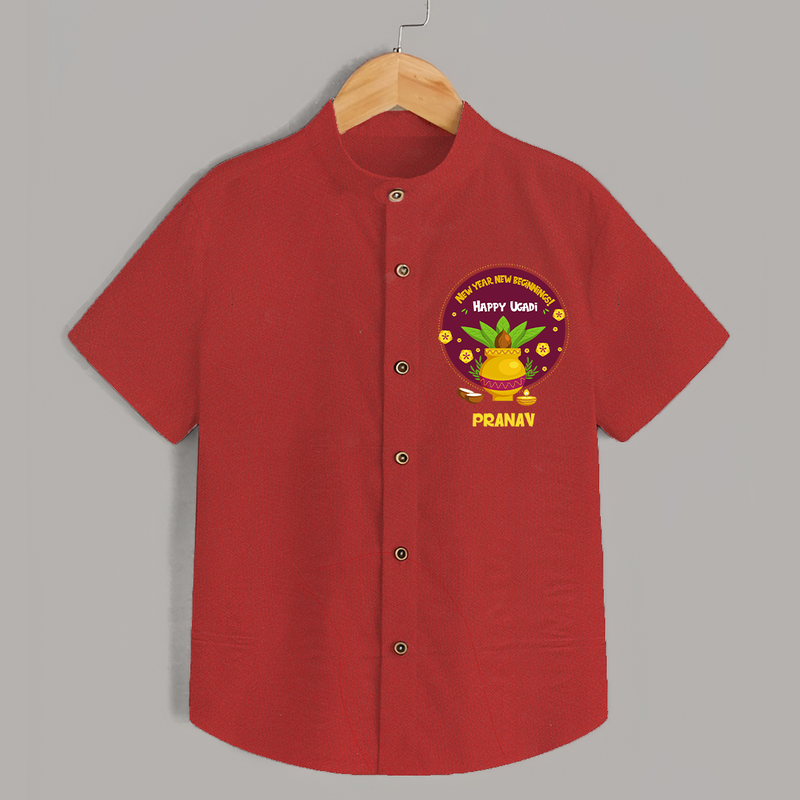  New Year, New Beginnings! - Happy Ugadi Themed Customized Shirt For Kids With Name - RED - 0 - 6 Months Old (Chest 23")