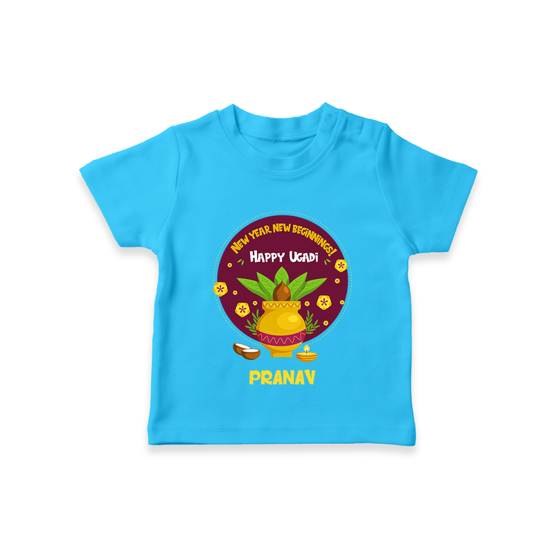  New Year, New Beginnings! - Happy Ugadi Themed Customized T-Shirt For Kids With Name - SKY BLUE - 0-5 Months Old (Chest 17")