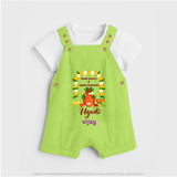  Fresh Starts & Sweet Moments - Ugadi Themed Customized Dungaree Set For Kids With Name - GREEN - 0 - 5 Months Old (Chest 18")