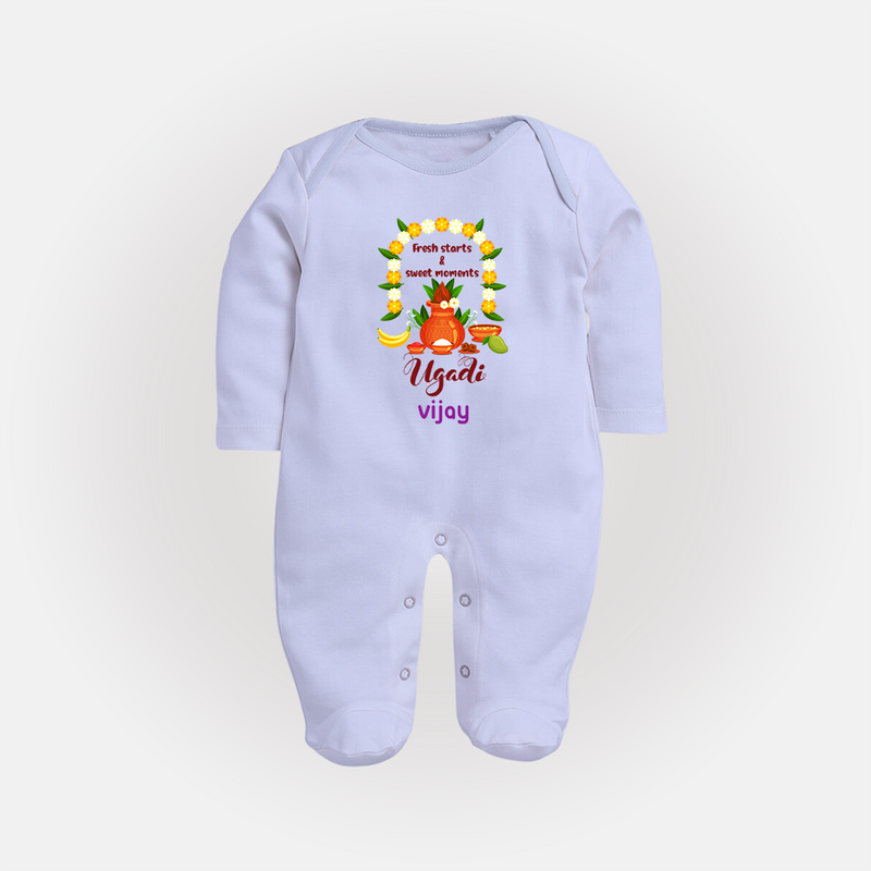  Fresh Starts & Sweet Moments - Ugadi Themed Customized Sleep Suit For Babies With Name - BABY BLUE - New Born (Chest 7.5")