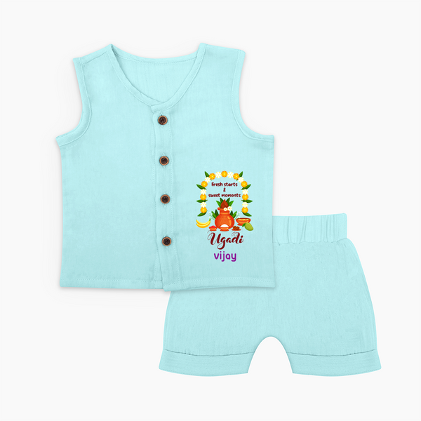  Fresh Starts & Sweet Moments - Ugadi Themed Customized Jabla Set For Babies With Name - BABY BLUE - 0 - 3 Months Old (Chest 9.8")