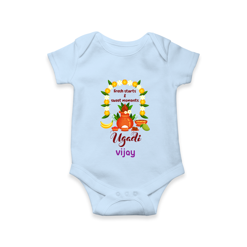  Fresh Starts & Sweet Moments - Ugadi Themed Customized Romper For Babies With Name - BABY BLUE - 0 - 3 Months Old (Chest 16")