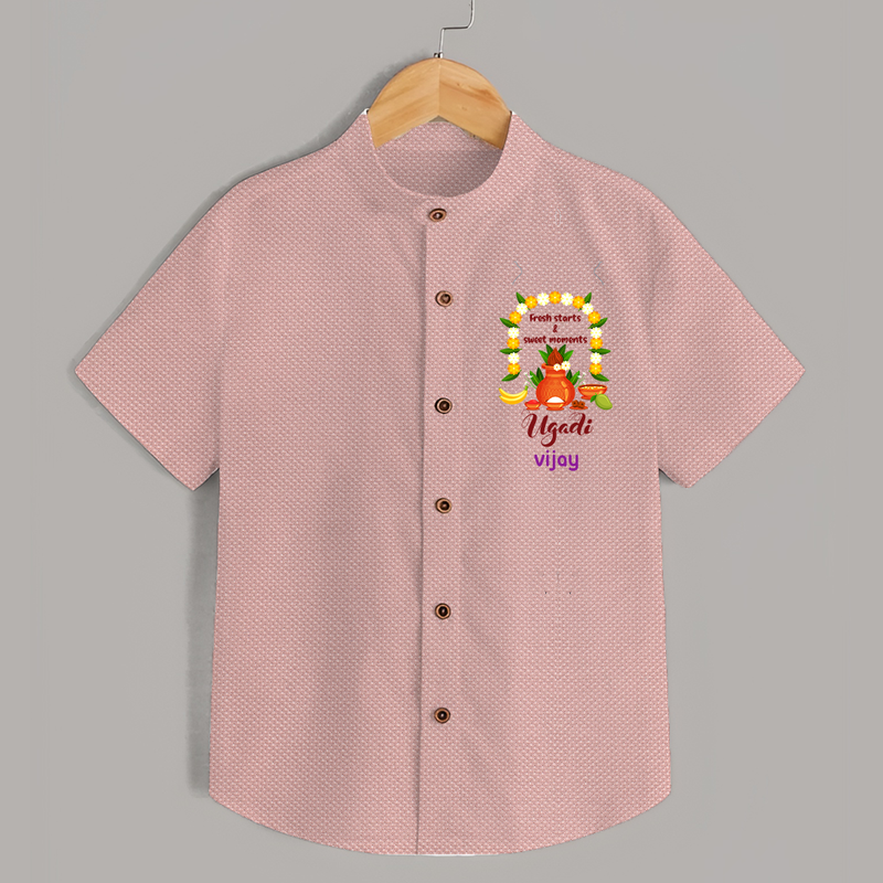  Fresh Starts & Sweet Moments - Ugadi Themed Customized Shirt For Kids With Name - PEACH - 0 - 6 Months Old (Chest 23")