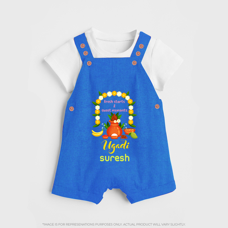  Fresh Starts & Sweet Moments - Ugadi Themed Customized Dungaree Set For Kids With Name - COBALT BLUE - 0 - 5 Months Old (Chest 18")