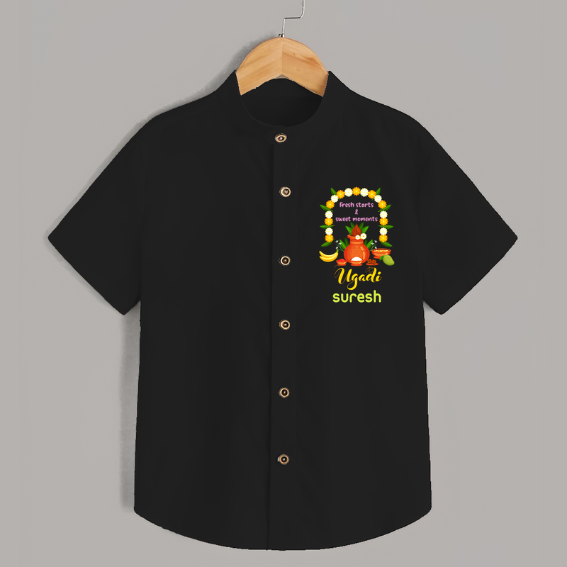  Fresh Starts & Sweet Moments - Ugadi Themed Customized Shirt For Kids With Name - BLACK - 0 - 6 Months Old (Chest 23")