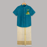 I’m Ugadi Ready – Bring on the Sweets   Shirt and Dhoti - PEACOCK BLUE - 0 - 6 Months Old (Chest-23") (Dhoti length-14")