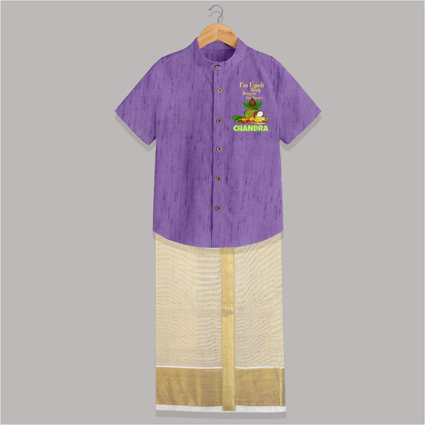 I’m Ugadi Ready – Bring on the Sweets   Shirt and Dhoti - ROYAL PURPLE - 0 - 6 Months Old (Chest-23") (Dhoti length-14")