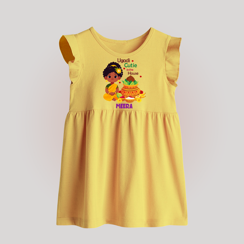 Ugadi Cutie In The House - Happy Ugadi Themed Customized Baby Frock For Babies With Name - YELLOW - 0 - 3 Months Old (Chest 17")