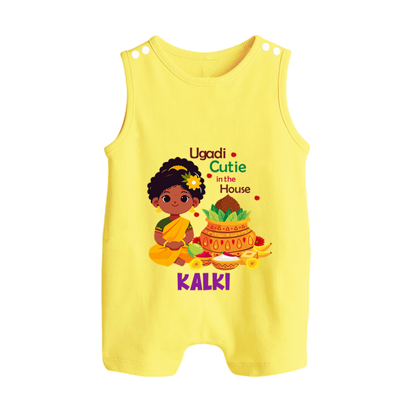 Ugadi Cutie in the House Girl Illustration– Personalized Baby Romper Suit - PASTEL YELLOW - 0 - 5 Months Old (Chest 18")