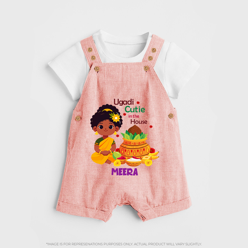 Ugadi Cutie In The House - Happy Ugadi Themed Customized Dungaree Set For Kids With Name - PEACH - 0 - 5 Months Old (Chest 18")