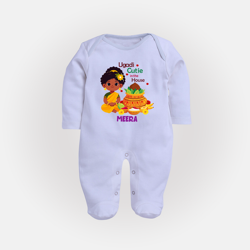 Ugadi Cutie In The House - Happy Ugadi Themed Customized Sleep Suit For Babies With Name - BABY BLUE - New Born (Chest 7.5")