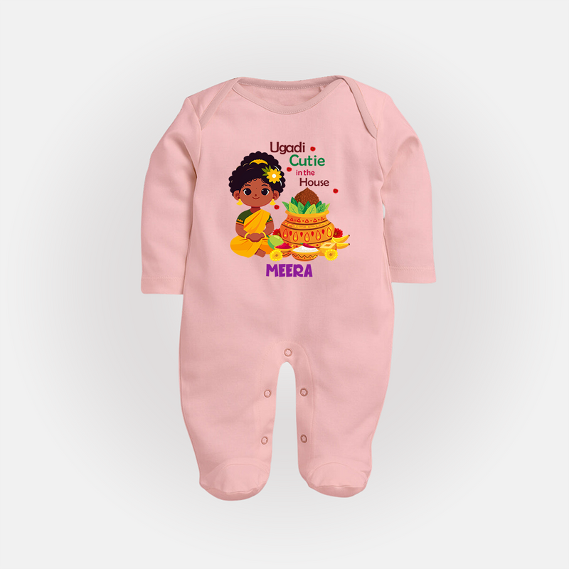 Ugadi Cutie In The House - Happy Ugadi Themed Customized Sleep Suit For Babies With Name - BABY PINK - New Born (Chest 7.5")