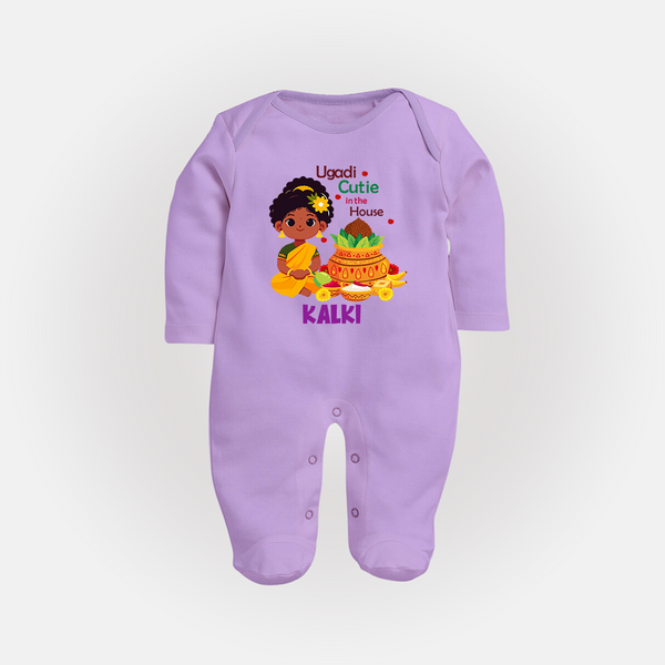 Ugadi Cutie in the House Girl Illustration– Personalized Baby Fullbody Suit - LILAC - New Born (Chest 7.5")