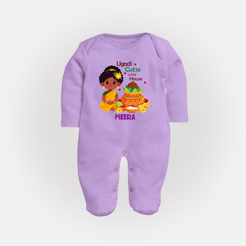 Ugadi Cutie In The House - Happy Ugadi Themed Customized Sleep Suit For Babies With Name - LILAC - New Born (Chest 7.5")