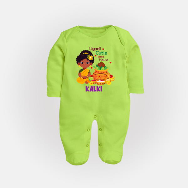 Ugadi Cutie in the House Girl Illustration– Personalized Baby Fullbody Suit - LIME GREEN - New Born (Chest 7.5")