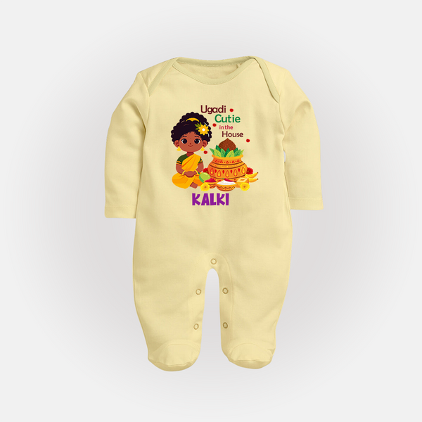 Ugadi Cutie in the House Girl Illustration– Personalized Baby Fullbody Suit - PASTEL YELLOW - New Born (Chest 7.5")