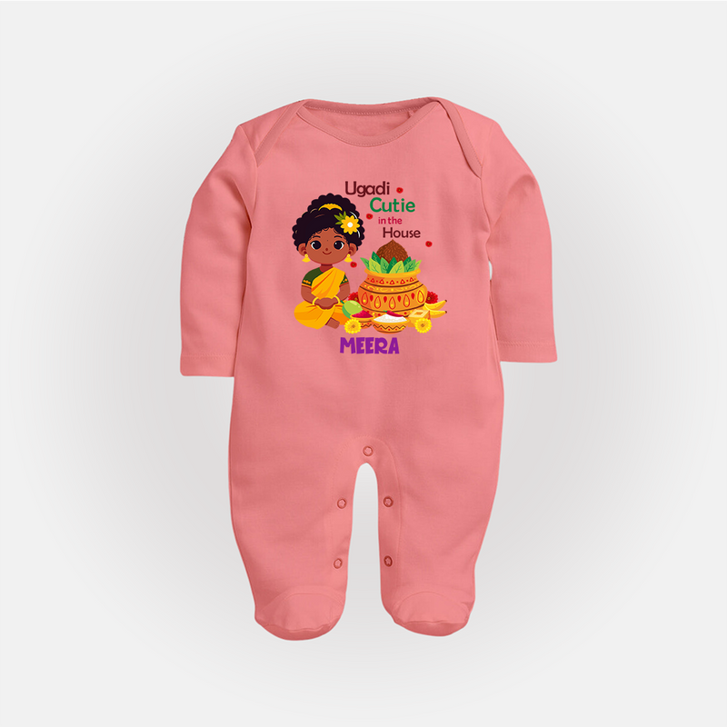 Ugadi Cutie In The House - Happy Ugadi Themed Customized Sleep Suit For Babies With Name - PEACH - New Born (Chest 7.5")