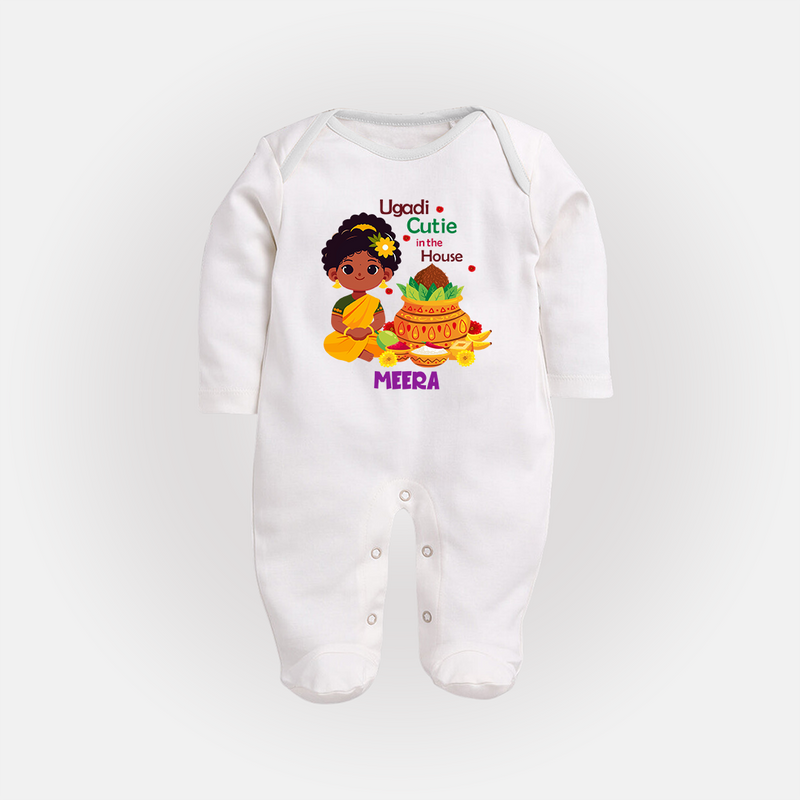 Ugadi Cutie In The House - Happy Ugadi Themed Customized Sleep Suit For Babies With Name - WHITE - New Born (Chest 7.5")