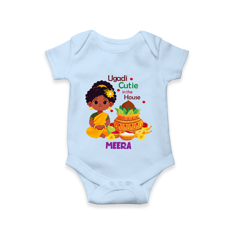 Ugadi Cutie In The House - Happy Ugadi Themed Customized Romper For Babies With Name - BABY BLUE - 0 - 3 Months Old (Chest 16")