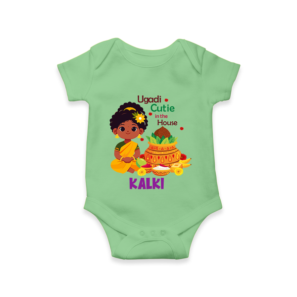 Ugadi Cutie in the House Girl Illustration– Personalized Baby Romper - GREEN - New Born (Chest 14")