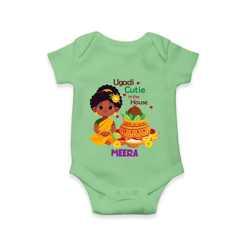 Ugadi Cutie In The House - Happy Ugadi Themed Customized Romper For Babies With Name - GREEN - 0 - 3 Months Old (Chest 16")