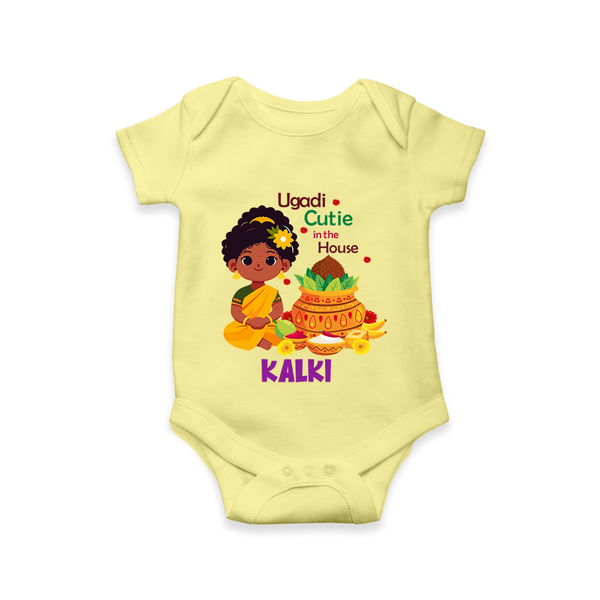 Ugadi Cutie in the House Girl Illustration– Personalized Baby Romper - PASTEL YELLOW - New Born (Chest 14")